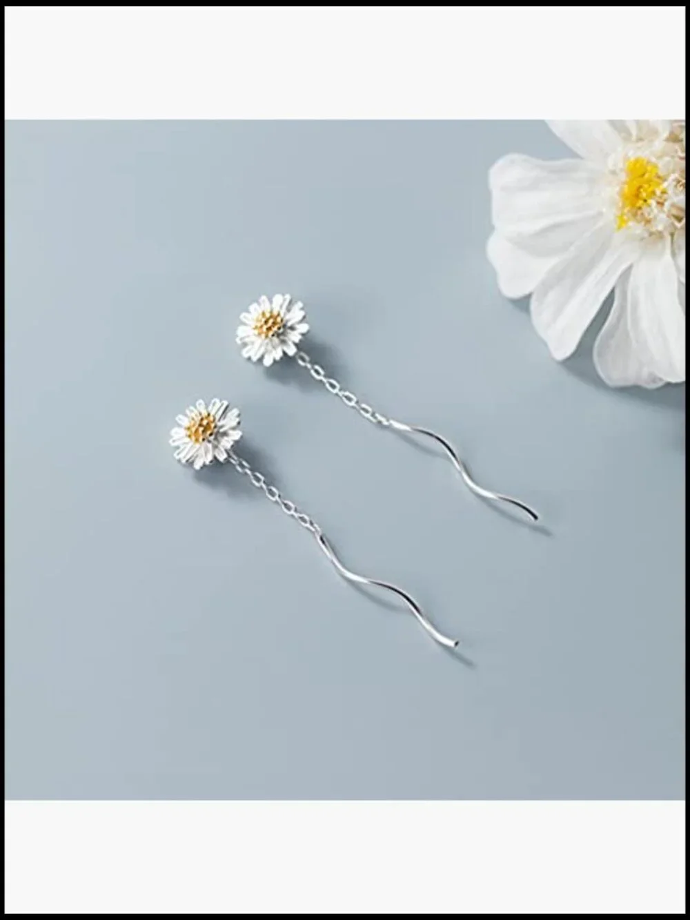 Sterling Silver Daisy Dangle Earrings Threader Tassel Elegant Minimal Chic
